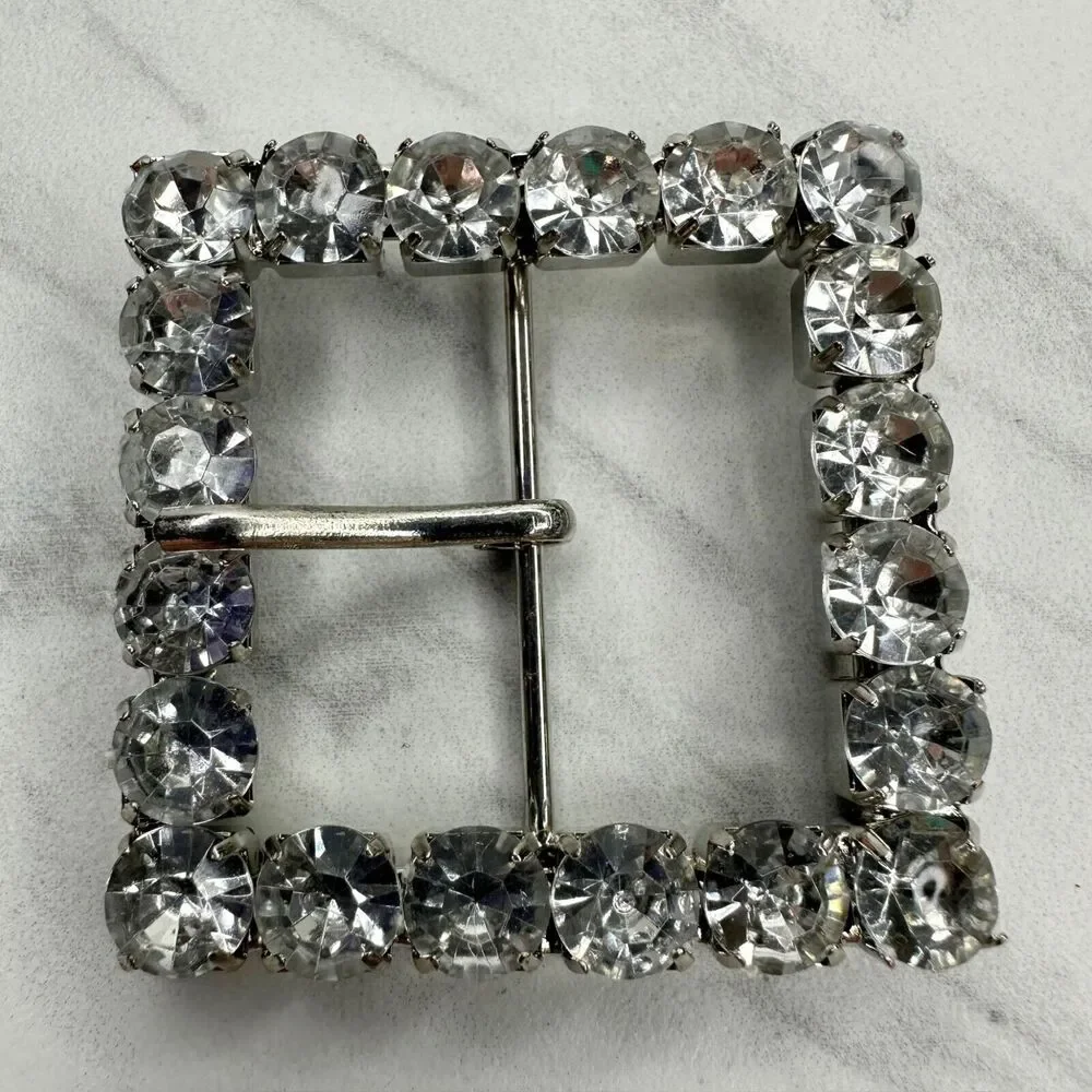 Square Rhinestone Silver Tone Belt Buckle